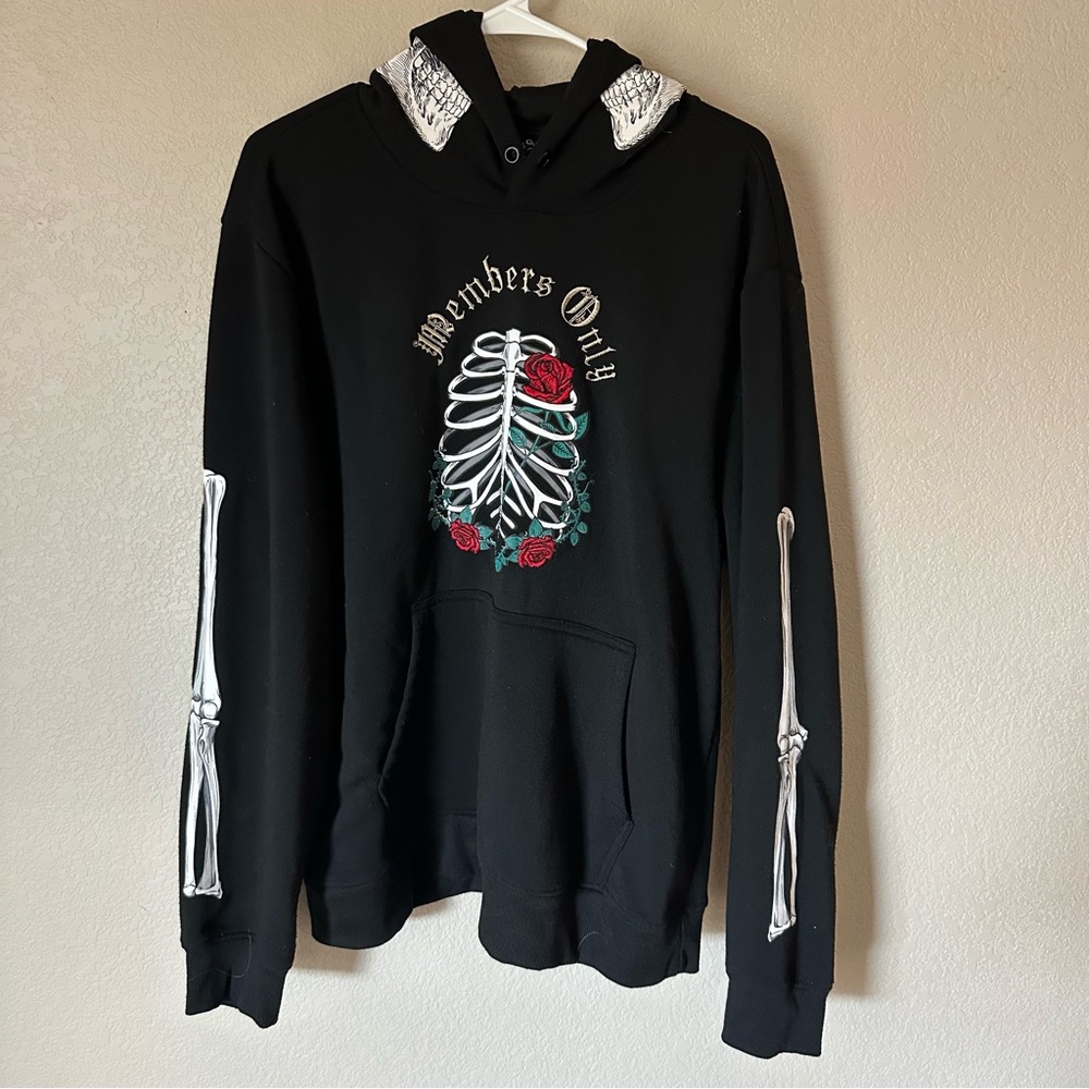 Members Only‎ Black Skeleton and Roses Graphic Hoodie XL